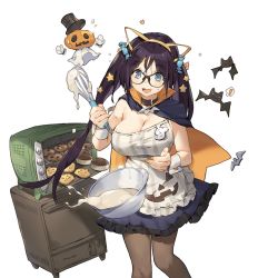 Rule 34 | 1girl, animal ears, apron, baking, bat (animal), black-framed eyewear, black hair, blue eyes, bowl, breasts, capelet, cat ears, cleavage, collar, cookie, dropping, fake animal ears, food, hair ornament, holding, large breasts, long hair, official art, open mouth, oven, pantyhose, skirt, solo, star (symbol), star hair ornament, strap slip, transparent background, twintails, uchi no hime-sama ga ichiban kawaii, whoisshe, wrist cuffs
