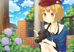 Rule 34 | 1girl, blonde hair, blush, brown eyes, camera, cloud, day, flower, frog, hat, highres, house, hydrangea, jewelry, kazushiki midori, lens, looking down, necklace, original, red hat, short hair, sky, smile, snail, solo, squatting, strap, wet