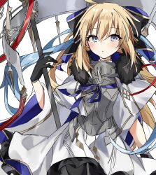 Rule 34 | 1girl, :o, aesc (fate), aesc (savior) (fate), ahoge, armor, armored dress, black bow, black gloves, black pantyhose, blonde hair, blue eyes, blue ribbon, blush, bow, breastplate, commentary request, dress, fate/grand order, fate (series), fur trim, gloves, hair between eyes, hair bow, hair ribbon, highres, holding, holding staff, long hair, looking at viewer, ooo00 cha, pantyhose, ribbon, sidelocks, simple background, solo, spikes, staff, very long hair, white background, white dress, wide sleeves