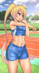 Rule 34 | 1girl, abs, blonde hair, blush, breasts, brown eyes, cowboy shot, crop top, curvy, day, gym shorts, hair ribbon, highres, hobby (kento), long hair, midriff, navel, open mouth, original, outdoors, pants, ribbon, running track, shorts, sleeveless, small breasts, smile, solo, standing, stomach, stretching, sweat, teeth, tight clothes, tight pants, track uniform, twintails, upper teeth only, very long hair