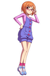 Rule 34 | 10s, 1girl, brown eyes, brown hair, caryo, full body, glasses, hand on own hip, hip focus, nanashino, overalls, precure, red-framed eyewear, shirabe ako, shoes, short hair, shorts, simple background, sneakers, socks, solo, suite precure, white background
