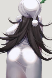 Rule 34 | 1girl, amano don, ass, back, black hair, cape, fur-trimmed cape, fur trim, grey background, hat, highres, illya (christmas) (princess connect!), illya (princess connect!), long hair, pantylines, princess connect!, santa costume, santa hat, simple background, solo, white cape, white hat