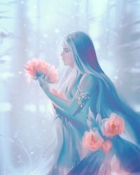 Rule 34 | 1girl, armlet, black hair, blurry, blurry background, closed mouth, commentary, dress, english commentary, closed eyes, flower, forest, highres, holding, lilaccu, lips, long hair, nature, original, profile, solo, standing, very long hair