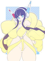 Rule 34 | 1girl, absurdres, bare shoulders, black hair, blue eyes, blunt bangs, breasts, cameltoe, cleavage, cleft of venus, closed mouth, coat, collarbone, commentary, creatures (company), down jacket, elesa (pokemon), fur coat, game freak, gym leader, hand up, headphones, highres, jacket, kaikoinu, looking at viewer, nail polish, nintendo, pokemon, pokemon bw2, short hair with long locks, solo, two-tone background, wide hips, yellow coat
