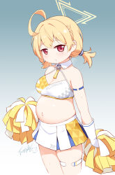 Rule 34 | 1girl, ?, ahoge, armlet, blonde hair, blue archive, blue background, blue skirt, blush, braid, breasts, character name, cheerleader, cleavage, collarbone, commentary request, cowboy shot, cropped legs, gloves, gradient background, hair between eyes, halo, head tilt, highres, holding, kotori (blue archive), kotori (cheer squad) (blue archive), langbazi, long hair, looking at viewer, medium breasts, millennium cheerleader outfit (blue archive), muffin top, navel, outie navel, parted lips, pleated skirt, pom pom (cheerleading), pregnant, red eyes, revision, short twintails, signature, simple background, skirt, solo, sweat, thighlet, twintails, white gloves, white skirt, wing collar, yellow halo, yellow skirt