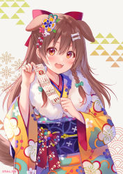 Rule 34 | 1girl, alternate costume, animal ears, blush, bone hair ornament, bow, braid, brown hair, colorful, commentary, cowboy shot, dog ears, dog girl, dog tail, english commentary, extra ears, fangs, floral print, flower, fukahire (ruinon), fur scarf, hair between eyes, hair bow, hair flower, hair ornament, hololive, inugami korone, japanese clothes, kimono, long hair, looking at viewer, multicolored clothes, multicolored kimono, obi, omikuji, open mouth, red bow, red eyes, sash, seigaiha, shippou (pattern), side braids, simple background, skin fangs, smile, solo, tail, twin braids, twitter username, uroko (pattern), virtual youtuber, white background, yellow kimono