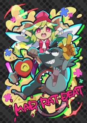 Rule 34 | 1girl, 2boys, absurdres, animal ears, blush stickers, breasts, gloves, glowstick, green hair, hat, heart (mad rat dead), highres, hole on body, leotard, mad rat, mad rat dead, mouse (animal), mouse ears, mouse girl, mouse tail, multiple boys, nippon ichi, rat god, red eyes, tail, top hat, wings, wrist cuffs