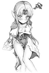 Rule 34 | 1girl, absurdres, blush, breasts, earrings, embarrassed, greyscale, highres, jewelry, legs, long hair, looking at viewer, monochrome, nametake (nekoyasya12172), nintendo, open mouth, pointy ears, princess zelda, simple background, solo, super smash bros., tears, the legend of zelda, the legend of zelda: a link between worlds, tiara, torn clothes, triforce, wardrobe malfunction