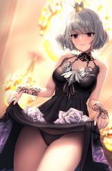 Rule 34 | 1girl, azure-maya, bare shoulders, black dress, black panties, blurry, blurry background, blush, breasts, closed mouth, clothes lift, collarbone, commission, cowboy shot, crown, depth of field, dress, dress lift, flower, grey hair, highres, idolmaster, idolmaster cinderella girls, jewelry, lifted by self, looking at viewer, medium breasts, mini crown, mole, mole under eye, necklace, panties, rose, short hair, skirt, skirt lift, smile, solo, standing, takagaki kaede, thighs, underwear