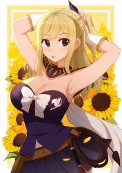 Rule 34 | 1girl, armpits, bare shoulders, black skirt, blonde hair, blush, breasts, cleavage, fairy tail, flower, hair between eyes, hair ribbon, large breasts, long hair, lucy heartfilia, ponytail, purple shirt, ribbon, rizky (strated), shirt, skirt, solo, sunflower, tongue, tongue out, whip