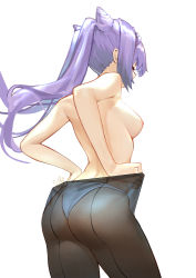 Rule 34 | 1girl, absurdres, ass, bare arms, black pantyhose, braid, breasts, c-ongc, cowboy shot, double bun, closed eyes, genshin impact, hair bun, highres, keqing (genshin impact), medium breasts, nipples, panties, panty pull, pantyhose, purple hair, see-through, sideboob, simple background, solo, standing, topless, twintails, underwear, white background, white panties