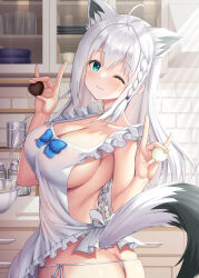 1girl absurdres ahoge alternate_breast_size animal_ear_fluff animal_ears apron ass blush braid breasts butt_crack candy chocolate chocolate_heart earrings extra_ears food fox_ears fox_girl fox_tail green_eyes hair_between_eyes heart highres holding holding_food hololive indoors jewelry kitchen large_breasts long_hair looking_at_viewer looking_back naked_apron one_eye_closed panties shirakami_fubuki side-tie_panties sidelocks single_braid smile solo string_panties tail uehiro underwear virtual_youtuber white_hair