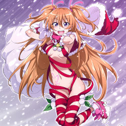 Rule 34 | 10s, 1girl, blizzard, blue eyes, blush, breasts, brown hair, christmas, hat, houjou hibiki, long hair, looking at viewer, nakahira guy, naked ribbon, navel, open mouth, precure, ribbon, santa hat, smile, solo, suite precure, twintails, two side up