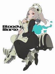 Rule 34 | 1girl, apron, bloody marie (skullgirls), brooch, character name, dress, exposed bone, grey hair, hair ornament, highres, jewelry, looking at viewer, looking down, mary janes, red eyes, ribs, shoes, skull hair ornament, skullgirls, solo, sowichi, twintails, vacuum cleaner