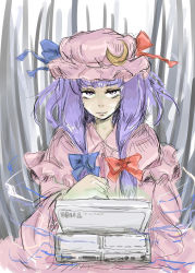 Rule 34 | 1girl, bad id, bad pixiv id, computer, crescent, female focus, hat, highres, long hair, michael-x, patchouli knowledge, purple hair, solo, touhou