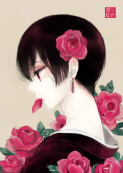 Rule 34 | 1boy, adam&#039;s apple, androgynous, axis powers hetalia, black hair, brown background, crossdressing, earrings, eyelashes, flower, from side, hai yoru, hair flower, hair ornament, japan (hetalia), jewelry, lipstick, makeup, male focus, mouth hold, pale skin, petals, pink flower, pink lips, pink rose, portrait, profile, red eyes, rose, solo, trap