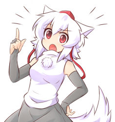 Rule 34 | 1girl, animal ears, bridal gauntlets, elbow gloves, fang, fingerless gloves, gloves, hand on own hip, hat, index finger raised, inubashiri momiji, looking at viewer, red eyes, short hair, simple background, solo, tail, tokin hat, touhou, white background, white hair, wolf ears, wolf tail, wool (miwol)