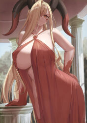 Rule 34 | 1girl, absurdres, bare shoulders, blonde hair, breasts, closed mouth, colored skin, commentary, english commentary, facial mark, fate/grand order, fate (series), hair over one eye, highres, horns, kakeku, large breasts, long hair, nero claudius (fate), nero claudius (fate) (all), queen draco (fate), queen draco (third ascension) (fate), red skin, smile, solo