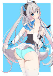 Rule 34 | 1girl, absurdres, ahoge, ass, azur lane, blue eyes, commentary request, detached sleeves, hair ornament, halsey powell (azur lane), highres, looking at viewer, looking back, panties, pantyshot, silver hair, simple background, solo, thighhighs, un true, underwear, white thighhighs