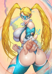 Rule 34 | 1girl, absurdres, ass, ass cutout, bad anatomy, bare shoulders, blonde hair, blue eyes, breasts, clothing cutout, curvy, domino mask, female focus, finger wraps, heewon lee, highres, large breasts, leotard, long hair, looking at viewer, mask, pointing, pointing at viewer, rainbow mika, shoulder cutout, signature, smile, solo, street fighter, street fighter v, thick thighs, thighs, twintails, very long hair, wide hips, wrestling outfit