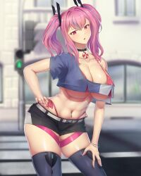 Rule 34 | 1girl, absurdres, azur lane, belt, bikini, bikini under clothes, black choker, black shorts, blurry, blurry background, bracelet, breasts, bremerton (azur lane), choker, cleavage, collarbone, commentary, covered erect nipples, cowboy shot, crop top, crop top overhang, crosswalk, grey belt, grey hair, grey shirt, grey thighhighs, hair between eyes, hair ornament, hand on own hip, hand on own thigh, highleg, highleg bikini, highres, jewelry, large breasts, lifebuoy ornament, long hair, looking at viewer, mole, mole on breast, mole under eye, multicolored hair, navel, navel piercing, obliques, outdoors, parted lips, piercing, pink bikini, pink eyes, pink hair, road, shirt, short shorts, shorts, side-tie bikini bottom, sidelocks, single bare shoulder, skindentation, solo, standing, stomach, streaked hair, street, swimsuit, thigh strap, thighhighs, traffic light, twintails, two-tone hair, two-tone shirt, underboob, warmcummies, white shirt