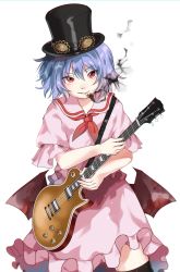 Rule 34 | 1girl, alternate headwear, bad id, bad pixiv id, bat wings, black hat, black thighhighs, blue hair, cigarette, commentary, cowboy shot, diokira, dress, electric guitar, english commentary, guitar, hair between eyes, hat, highres, holding, holding instrument, instrument, looking at viewer, low wings, mouth hold, neckerchief, parted lips, pink dress, pink sailor collar, puffy short sleeves, puffy sleeves, red eyes, red neckerchief, remilia scarlet, sailor collar, short hair, short sleeves, simple background, smile, smoke, smoking, solo, standing, thighhighs, top hat, touhou, white background, wings