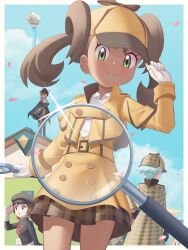 Rule 34 | 1boy, 3girls, aircraft, belt, border, brown hair, brown skirt, building, buttons, closed mouth, cloud, collared shirt, commentary request, confetti, creatures (company), day, dirigible, eyelashes, game freak, gazing eye, glint, gloves, green eyes, hand up, hat, highres, holding, holding magnifying glass, jacket, long sleeves, looking at viewer, looking down, lyra (pokemon), magnifying glass, multiple girls, nintendo, official alternate costume, outdoors, plaid, plaid skirt, pokemon, pokemon hgss, pokemon masters ex, shauna (pokemon), shauna (special costume) (pokemon), shirt, skirt, sky, smile, steven stone, steven stone (special costume), team rocket, team rocket uniform, twintails, white border, white gloves, white shirt, yellow belt, yellow headwear, yellow jacket, yellow skirt, zinnia (pokemon), zinnia (special costume) (pokemon)