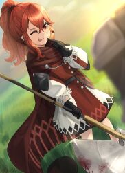 Rule 34 | 1girl, ;p, anna (fire emblem), anna (fire emblem engage), axe, black gloves, blood, bloody weapon, cape, crossed bangs, dress, fire emblem, fire emblem engage, gloves, hair between eyes, heart, highres, holding, holding axe, katsu (katsuslider), long hair, long sleeves, looking at viewer, nintendo, one eye closed, ponytail, red eyes, red hair, tongue, tongue out, weapon