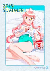 Rule 34 | 1girl, 2019, ahoge, alternate color, aqua one-piece swimsuit, barefoot, bubble tea, casual one-piece swimsuit, cup, disposable cup, drinking straw, enemy lifebuoy (kancolle), glasses, hair bun, highres, kantai collection, looking at viewer, lying, makigumo (kancolle), ojipon, one-piece swimsuit, pillow, pink hair, shirt, single hair bun, solo, swimsuit, tied shirt, twintails, yellow eyes