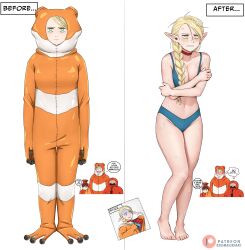 Rule 34 | 1girl, 3boys, :|, absurdres, animal costume, artist name, barefoot, blonde hair, blue pants, braid, breasts, closed mouth, commentary, covering breasts, covering privates, crossed arms, dismaiden, dungeon meshi, elf, english commentary, english text, falin thorden, feet, frog costume, full body, green eyes, highres, laios thorden, large breasts, long hair, marcille donato, messy hair, multiple boys, pants, patreon logo, patreon username, pointy ears, senshi (dungeon meshi), simple background, speech bubble, standing, swept bangs, thighs, toes, unamused, wet, white background