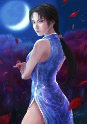Rule 34 | 1girl, back, bare shoulders, black hair, blue dress, breasts, china dress, chinese clothes, collared dress, crescent moon, crossed arms, dated, dress, falling leaves, highres, holding, holding leaf, hong xiu ying, kohji, leaf, lips, long hair, looking at viewer, looking back, low ponytail, moon, moonlight, night, outdoors, parted bangs, patterned clothing, pelvic curtain, shenmue, shenmue ii, side slit, sidelocks, signature, sky, solo, standing, star (sky), starry sky, thighs, tree