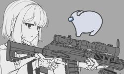Rule 34 | 1girl, among us, among us twerk (meme), commentary, crossover, english commentary, girls&#039; frontline, grey background, gun, holding, holding gun, holding weapon, light machine gun, light smile, looking at viewer, looking to the side, medium hair, meme, rpk-16, rpk-16 (girls&#039; frontline), simple background, sketch, snafu (snafy snu), upper body, weapon