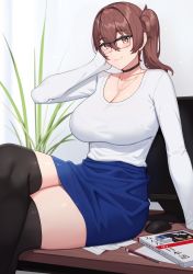 Rule 34 | 1girl, arm support, bespectacled, black thighhighs, blue skirt, blush, breasts, brown hair, cleavage, closed mouth, collarbone, desk, franham, glasses, highres, indoors, jewelry, kaga (kancolle), kantai collection, large breasts, long sleeves, looking at viewer, monitor, mouse (computer), necklace, on desk, side ponytail, sitting, on desk, skirt, smile, solo, sweater, thighhighs, white sweater
