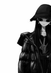Rule 34 | 1girl, blunt bangs, closed mouth, down jacket, earrings, greyscale, hat, highres, jacket, jewelry, long hair, looking at viewer, mole, mole under eye, monochrome, narue, necklace, negative space, original, print shirt, shirt, simple background, solo, white background