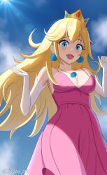 Rule 34 | 1girl, :d, alternate costume, blonde hair, blue eyes, blue sky, breasts, cleavage, commentary, crown, day, dress, earrings, elbow gloves, english commentary, from below, gloves, happy, highres, jewelry, long hair, looking at viewer, makeup, mario (series), medium breasts, necklace, nintendo, open mouth, outdoors, pink dress, princess peach, sky, sleeveless, sleeveless dress, smile, solo, sphere earrings, super mario bros. 1, teeth, twitter username, upper teeth only, white gloves, yissou art