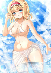 Rule 34 | 1girl, alice margatroid, arm up, bare arms, bare legs, bare shoulders, bikini, blonde hair, blue eyes, blue sky, blush, bow, breasts, closed eyes, cloud, cloudy sky, collarbone, frills, grey bow, hair between eyes, hairband, hand up, highres, large breasts, looking at viewer, navel, ocean, red hair, reijing etrn, short hair, sky, solo, standing, swimsuit, teeth, touhou, water, wet, white bikini