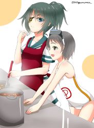 Rule 34 | 10s, 2girls, apron, black hair, blue eyes, blue hair, brown eyes, cooking, diving mask, diving mask on head, eyepatch, goggles, goggles on head, kantai collection, kiso (kancolle), ladle, maru-yu (kancolle), multiple girls, one-piece swimsuit, pot, school swimsuit, school uniform, serafuku, short hair, short ponytail, skirt, sotogawa max, swimsuit, white school swimsuit, white one-piece swimsuit