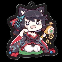 Rule 34 | 1girl, animal ear fluff, animal ears, azur lane, black hair, black kimono, black sash, blush stickers, breasts, butterfly hair ornament, chibi, cleavage, commentary request, full body, fusou (azur lane), hair ornament, hair ribbon, hand up, himajin (fd jin), holding, holding mallet, japanese clothes, charm (object), kimono, looking at viewer, mallet, medium breasts, obi, open mouth, paw pose, print kimono, red ribbon, ribbon, ribbon-trimmed kimono, ribbon trim, sash, seiza, short hair, simple background, sitting, smile, solo, sparkle, split mouth, tassel, thighhighs, transparent background, white eyes, white thighhighs, wide sleeves