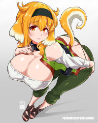 Rule 34 | 1girl, animal ears, ass, bare shoulders, bayeuxman, bent over, blush, breasts, butt crack, cleavage, covered erect nipples, dog ears, dog tail, full body, gradient background, green pants, grey background, hairband, huge breasts, isekai meikyuu de harem wo, long sleeves, orange hair, pants, parted lips, red eyes, roxanne (isekai meikyuu de harem wo), sandals, shiny clothes, shiny skin, short hair, solo, standing, tail, thong, toes