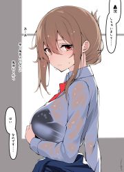 Rule 34 | 1girl, aged up, black bra, blue jacket, bra, bra visible through clothes, breasts, brown hair, clothes around waist, commentary request, folded ponytail, highres, inazuma (kancolle), jacket, jacket around waist, kantai collection, large breasts, long hair, necktie, red necktie, sakakiba misogi, see-through, solo, translation request, underwear, wet, wet clothes