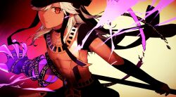 Rule 34 | 1boy, abs, black choker, black hat, choker, claws, closed mouth, cyno (genshin impact), dark-skinned male, dark skin, egyptian clothes, electricity, genshin impact, hair over one eye, hat, highres, holding, holding weapon, long hair, looking at viewer, male focus, red eyes, simple background, solo, toned, toned male, weapon, white hair, yamimumemo