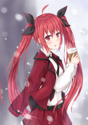 Rule 34 | 1girl, belt, blush, cup, date a live, hair ribbon, highres, itsuka kotori, jacket, long hair, looking at viewer, looking to the side, muwa12, necktie, open mouth, red eyes, red hair, red jacket, red skirt, ribbon, shirt, skirt, snowing, solo, twintails, very long hair, white shirt