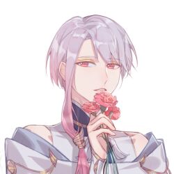 Rule 34 | 1boy, carnation, chinese clothes, eyeshadow, flower, gold trim, gradient hair, highres, holding, holding flower, hu-geng (the tale of food), long sleeves, looking at viewer, low-tied sidelocks, makeup, male focus, multicolored hair, off shoulder, otsuatsushi, parted lips, pink eyes, pink flower, pink hair, portrait, robe, shirt, short hair, simple background, single sidelock, sleeveless, sleeveless shirt, swept bangs, the tale of food, white background, white hair, white robe, white shirt, yellow eyeshadow