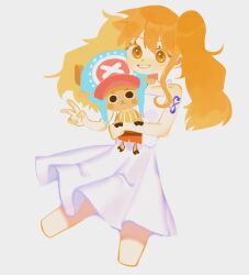 Rule 34 | 1boy, 1girl, aged down, antlers, arm tattoo, blush, cropped legs, cross, dress, hat, horns, nabi love 8, nami (one piece), one piece, one piece film: z, orange eyes, orange hair, reindeer antlers, shirt, sidelocks, simple background, smile, striped clothes, striped shirt, tattoo, tony tony chopper, twintails, v, white background, white dress