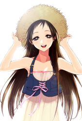 Rule 34 | 1girl, bare shoulders, blush, brown eyes, brown hair, collarbone, dress, hands on headwear, hat, highres, long hair, looking at viewer, morikura en, open mouth, ribbon, simple background, smile, solo, straw hat, white background