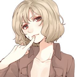 Rule 34 | 1girl, :&lt;, blonde hair, brown eyes, brown hair, closed mouth, collar, collarbone, collared shirt, curry gohan, finger to mouth, head tilt, hitch dreyse, jacket, light smile, looking at viewer, lowres, open clothes, open jacket, open shirt, pinky out, pocket, red eyes, shingeki no kyojin, shirt, short hair, simple background, solo, upper body, white background