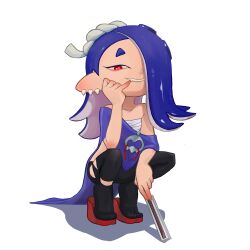 Rule 34 | 1girl, absurdres, artist request, bandages, bandages around chest, bare shoulders, blue hair, collarbone, earrings, fang, gnsisir, grin, hand fan, high heels, highres, jewelry, looking at viewer, nintendo, octoling, pointy ears, red eyes, red footwear, shiver (splatoon), smile, solo, splatoon (series), splatoon 3, squatting, tooth earrings