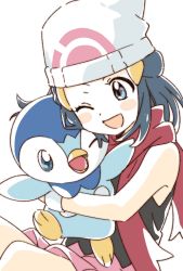 Rule 34 | 1girl, ;d, beanie, black hair, black shirt, blue eyes, blush stickers, commentary, creatures (company), dawn (pokemon), game freak, gen 4 pokemon, hair ornament, happy, hat, highres, holding, holding pokemon, hug, namori, nintendo, one eye closed, open mouth, pink skirt, piplup, pokemon, pokemon (creature), pokemon dppt, red scarf, scarf, shirt, simple background, skirt, sleeveless, sleeveless shirt, smile, split mouth, symbol-only commentary, white background, white headwear
