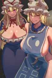 Rule 34 | 2girls, blonde hair, blue tabard, bow, breasts, cleavage, closed mouth, collarbone, dress, fox tail, frills, hair between eyes, hair bow, hat, hat ribbon, highres, large breasts, long hair, looking at viewer, mob cap, multiple girls, multiple hair bows, naked tabard, neck ribbon, odessa, open mouth, orange eyes, purple dress, purple eyes, ribbon, short hair, sideboob, simple background, smile, tabard, tail, touhou, very long hair, white headwear, yakumo ran, yakumo yukari
