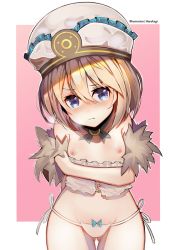 Rule 34 | 1girl, :t, artist name, blanc (neptunia), blue eyes, blue ribbon, blush, brown hair, cat ear panties, closed mouth, collarbone, english text, flat chest, frilled hat, frills, furrowed brow, gluteal fold, groin, harukagi, hat, head tilt, navel, neck ribbon, neptune (series), nipples, panties, pink background, ribbon, side-tie panties, solo, thighs, underwear, white hat, white panties